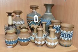 A GROUP OF DOULTON LAMBETH SILICON WARE VASES, fourteen vases with applied floral, foliate and