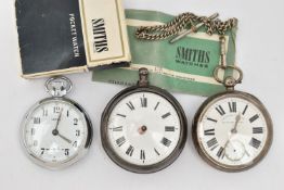 THREE POCKET WATCHES, the first an AF silver pair case open face pocket watch, key wound, round