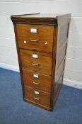 A 20TH CENTURY OAK FOUR DRAWER FILING CABINET, with brass handles, width 53cm x depth 73cm x