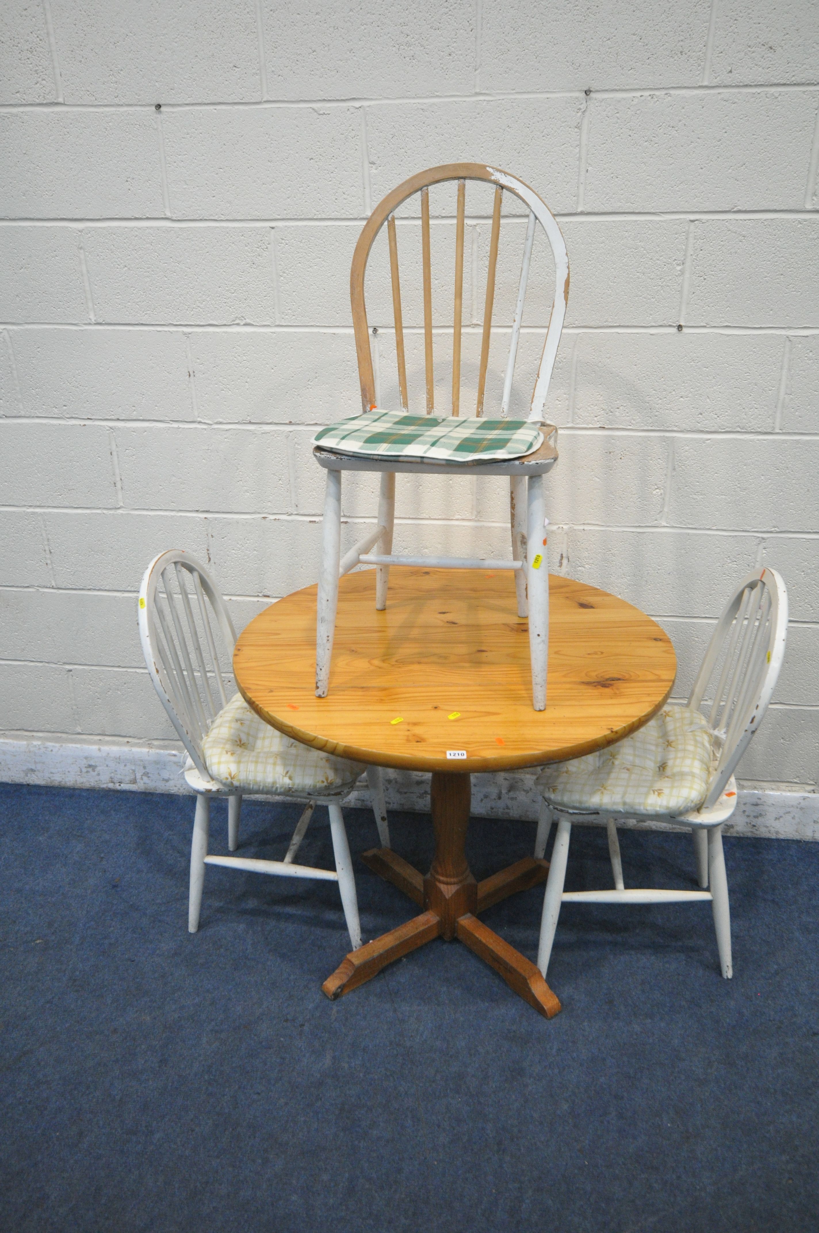 A PINE CIRCULAR SINGLE PEDESTAL TABLE, diameter 89cm x height 75cm, along with three white painted