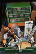 THREE BOXES AND A METAL ACCESSORY CABINET OF TOOLS AND HABERDASHERY ITEMS ETC, to include a