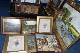 A BOX AND LOOSE OF ASSORTED PAINTINGS AND PRINTS, to include a gilt framed reproduction print of a