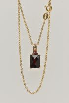 A 9CT GOLD GARNET PENDANT, the rectangular faceted garnet in a four claw setting with further