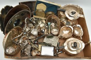 A BOX OF ASSORTED WHITE METAL WARE, to include a four piece EPNS tea service set, basket trays, posy