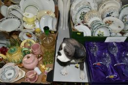 FOUR BOXES AND LOOSE CERAMICS AND GLASS ETC, to include a boxed set of six Edinburgh Crystal wine