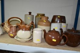 A SMALL SELECTION OF SALT GLAZED EARTHENWARES ETC, to include an unbranded spirit barrel lacking a