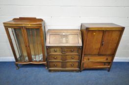 THREE PIECES OF 20TH CENTURY OAK FURNITURE, to include a bureau, the fall front door enclosing a