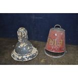 A VINTAGE PAINTED FIRE BUCKET with gold and black writing and two handles along with a vintage metal