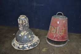 A VINTAGE PAINTED FIRE BUCKET with gold and black writing and two handles along with a vintage metal