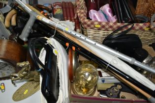 TWO BOXES, A BASKET AND LOOSE HANDBAGS, WALKING STICKS, CLOCKS AND SUNDRY ITEMS, to include a