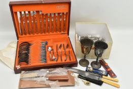 A BOX OF ASSORTED ITEMS, to include two white metal glasses, a selection of cutlery, a six person '