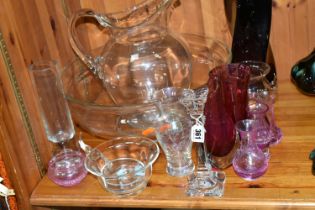 A GROUP OF GLASSWARE, comprising a vintage Nachtmann Crystal candlestick, height 20cm, a red