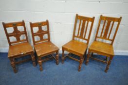 A PAIR OF 20TH CENTURY PITCH PINE CHAIRS, with turned supports united by block stretchers, each with