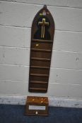 AN OAK HYMN BOARD, with a cross design and five card slots, height 107cm, along with a wooden box,