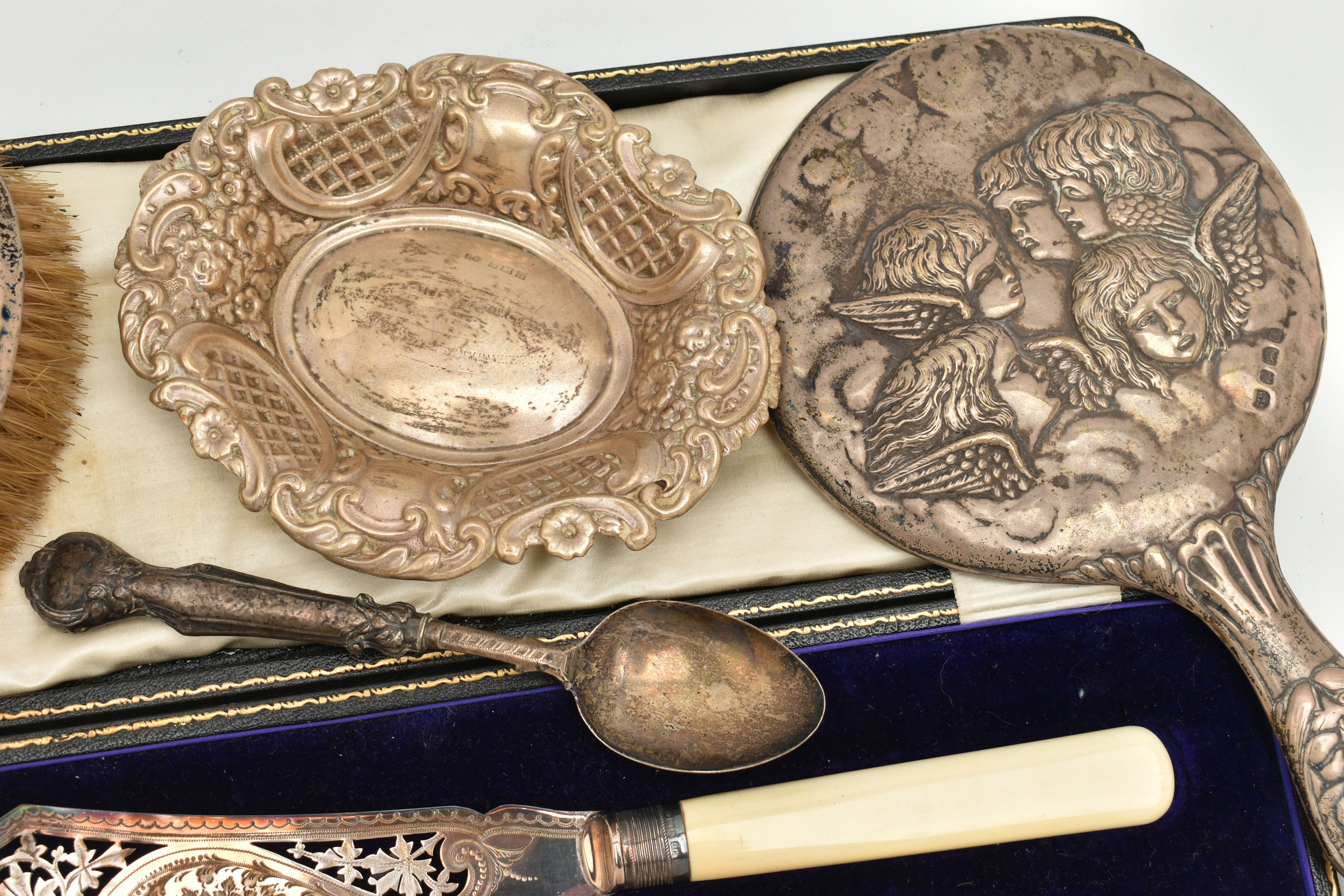 SILVER VANITY PIECES, BONBON DISH AND OTHER ITEMS, to include two AF vanity pieces, hair brush and - Image 3 of 4