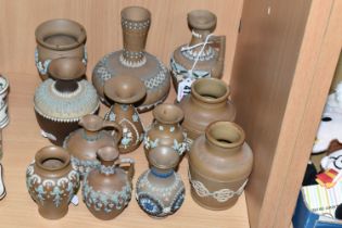 A GROUP OF DOULTON LAMBETH SILICON WARE VASES AND JUGS, twelve pieces with applied floral, foliate