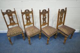 A SET OF FOUR 20TH CENTURY DINING CHAIRS, with scrolled carved details, purple and gold patterned