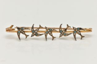 A SWALLOW BAR BROOCH, designed as five swallows set with imitation split pearls and blue paste