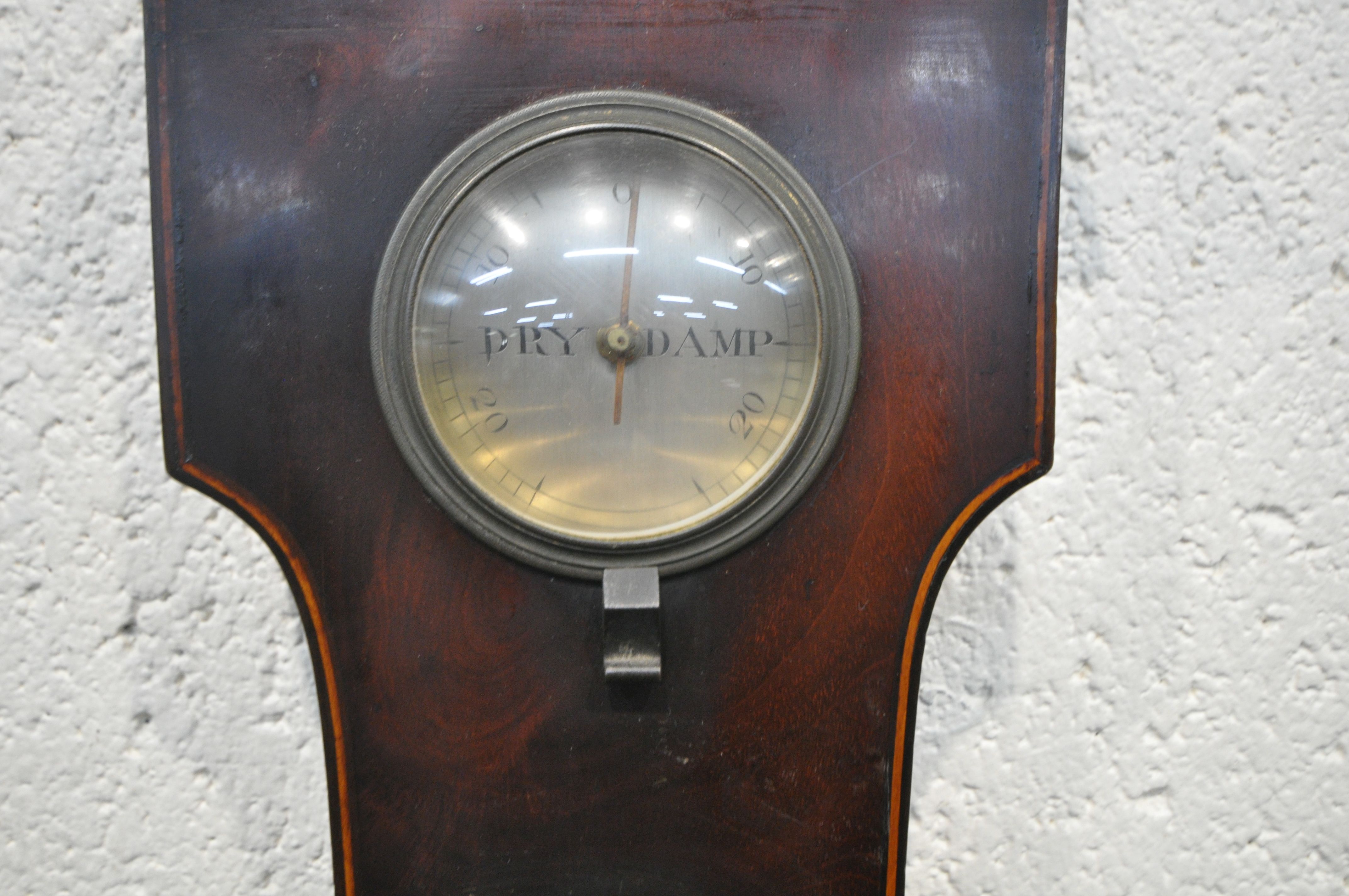 A 19TH CENTURY MAHOGANY BANJO BAROMETER, with swan neck pediment, small brass finial, a dry / damp - Image 3 of 7