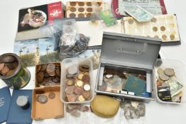 A LARGE CARDBOARD BOX CONTAINING MIXED COINAGE, to include approximately 290 grams of mixed silver