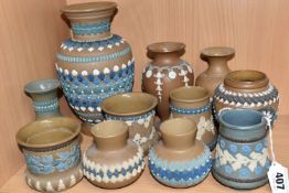 A GROUP OF DOULTON LAMBETH SILICON WARE VASES, eleven vases with applied floral, foliate and
