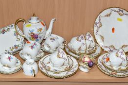 A GROUP OF TEA WARE, comprising a sixteen piece Aynsley part tea set printed and tinted with