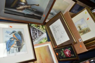 A BOX AND LOOSE PAINTINGS AND PRINTS, including two late 20th century oil paintings on board of a