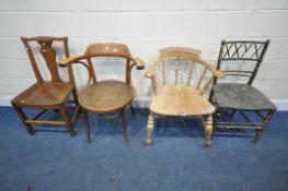A 19TH CENTURY ELM AND BEECH BOW TOP CAPTAINS CHAIR, with turned spindles, supports, legs and