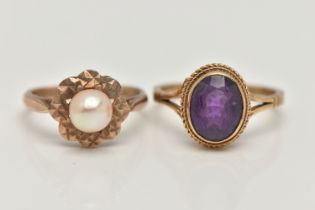TWO 9CT GOLD RINGS, the first a floral ring, set with a single cultured pearl, hallmarked 9ct