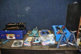 A TOOLBOX AND TWO TRAYS CONTAINING AUTOMOTIVE AND ENGINEERING TOOLS including a Clack Touch up spray