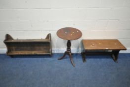 A 20TH CENTURY OAK TRESTLE STYLE COFFEE TABLE, with a copper surface, length 81cm x depth 36cm x