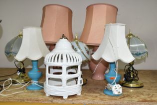A GROUP OF TABLE LAMPS AND CERAMIC LANTERN, comprising three pairs of table lamps, a single table