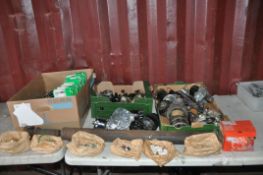 THREE TRAYS CONTAINING MOSTLY TRIUMPH SPITFIRE CAR PARTS including Lucas bake pads and shoes,