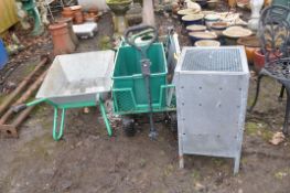 A SELECTION OF GARDEN ACCESSORIES including a wheelbarrow, a four wheeled trolley, a galvanised