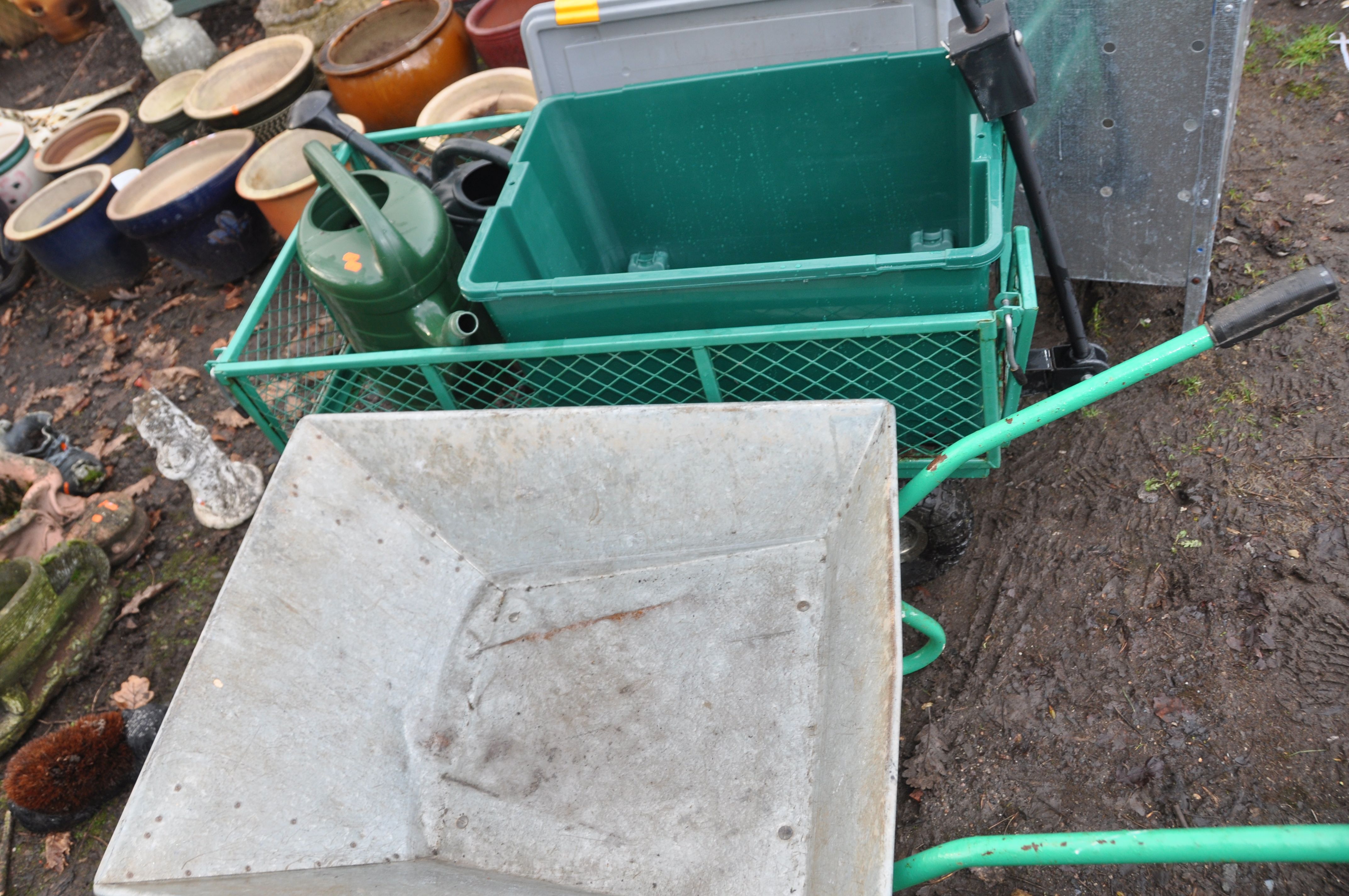 A SELECTION OF GARDEN ACCESSORIES including a wheelbarrow, a four wheeled trolley, a galvanised - Image 2 of 3