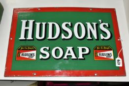 A WALL MOUNTED ENAMEL 'HUDSON'S SOAP' ADVERTISING SIGN, some enamel loss, damage and wear mainly