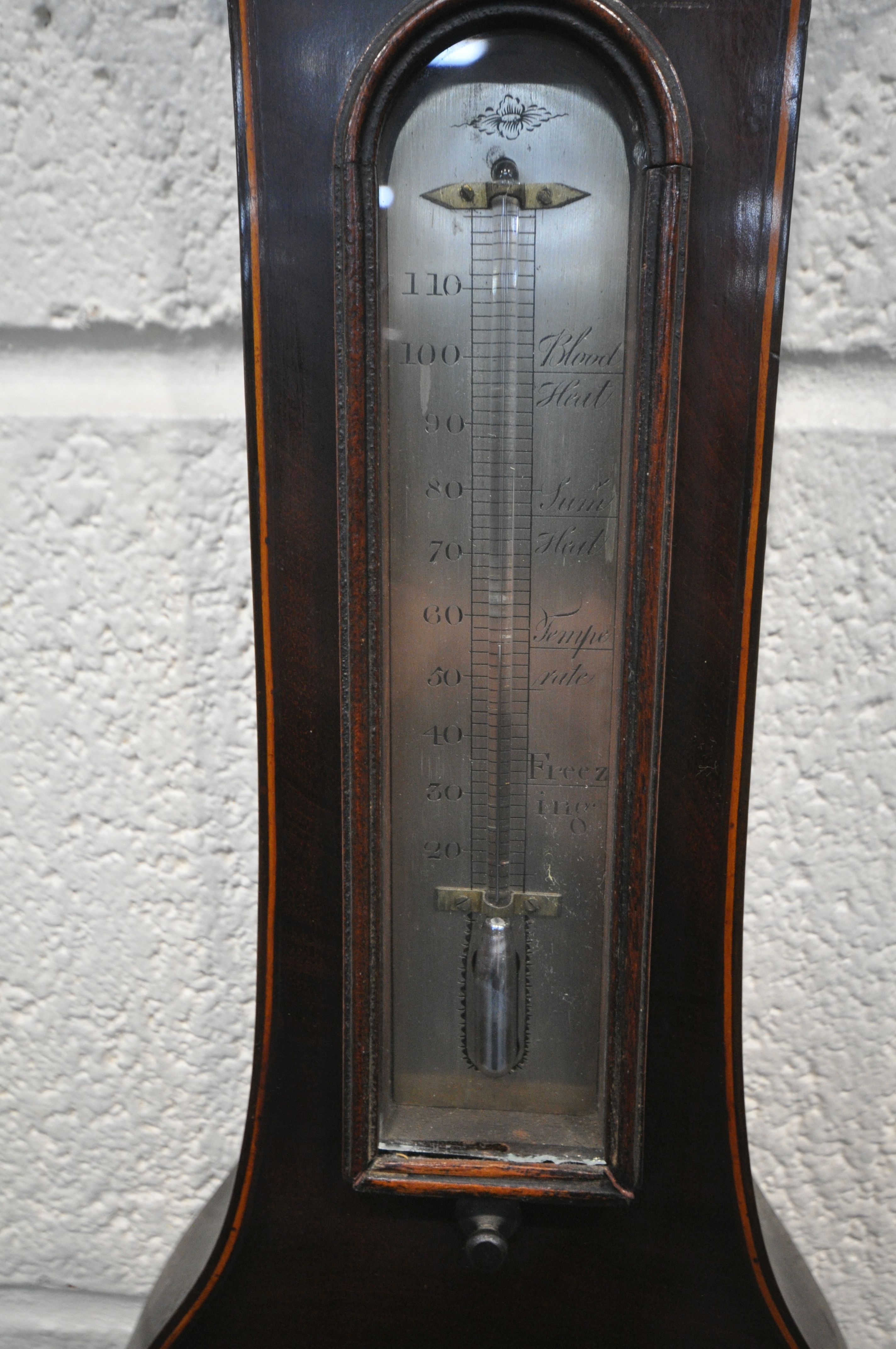 A 19TH CENTURY MAHOGANY BANJO BAROMETER, with swan neck pediment, small brass finial, a dry / damp - Image 4 of 7