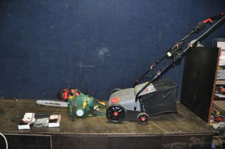 AN OREGON FPCSP38 PETROL CHAIN SAW with spare chains and mask (engine pulls freely but hasn't