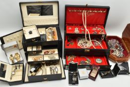 A BOX OF JEWELLERY BOXES AND ASSORTED COSTUME JEWELLERY, to include two black jewellery boxes and