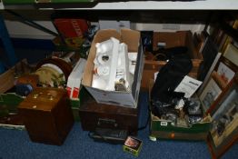 SEVEN BOXES AND LOOSE SUNDRY ITEMS ETC, to include vintage photographic equipment including a