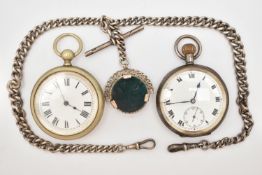 TWO OPEN FACE POCKET WATCHES, A SILVER ALBERT CHAIN AND FOB, a silver cased pocket watch