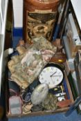 ONE BOX AND LOOSE MISCELLANEOUS SUNDRIES, to include a wooden 'Camel seat', two wall clocks, a set