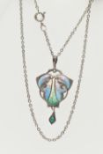 A SILVER ARTS AND CRAFTS ENAMEL PENDANT AND CHAIN, the pendant decorated with light blue, purple and