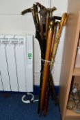 A GROUP OF TWELVE WALKING STICKS, comprising a Victorian walking stick with a carved horn handle and