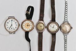 ASSORTED WRISTWATCHES, all require some attention, five in total, four with silver cases with London