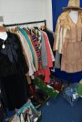 THREE BOXES AND LOOSE VINTAGE CLOTHING, to include a ladies' cream and apricot striped fur jacket, a