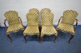 A SET OF SIX 20TH CENTURY FRENCH DINING CHAIRS, including two carvers, with green and beige