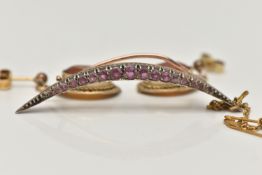A CRESCENT BROOCH AND A PAIR OF EARRINGS, the crescent brooch, set with a row of graduating circular