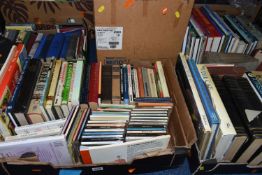 SIX BOXES OF BOOKS, LP RECORDS, SINGLES & CDS containing over 100 miscellaneous book titles in