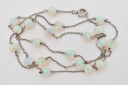 A WHITE METAL OPAL BEAD NECKLACE, twenty opal beads each interspaced and fitted to a fine white